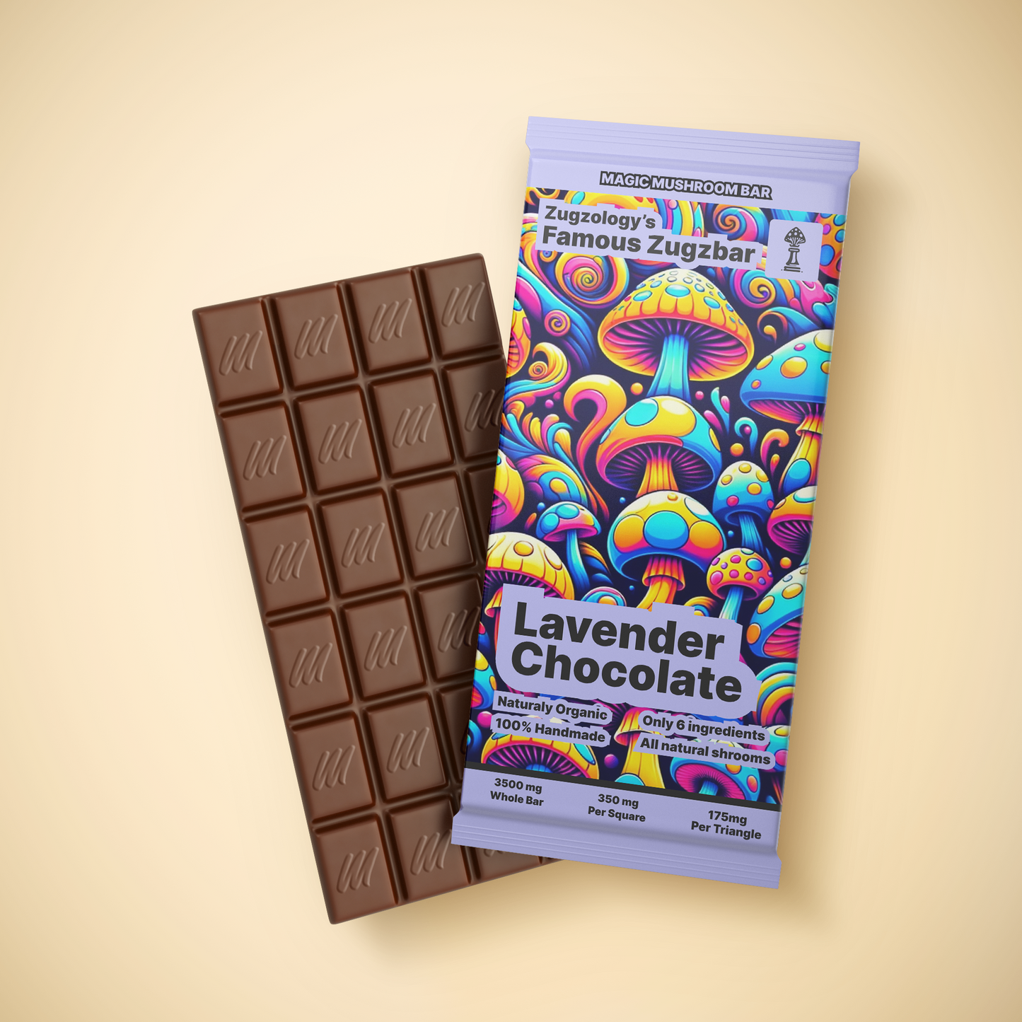 The image features a psychedelic-themed package for Zugzologys 3500mg Homemade Lavender Chocolate Zugzbar. It displays vibrant mushrooms, promises an euphoric journey, and focuses on organic, natural ingredients with a classic segmented design.
