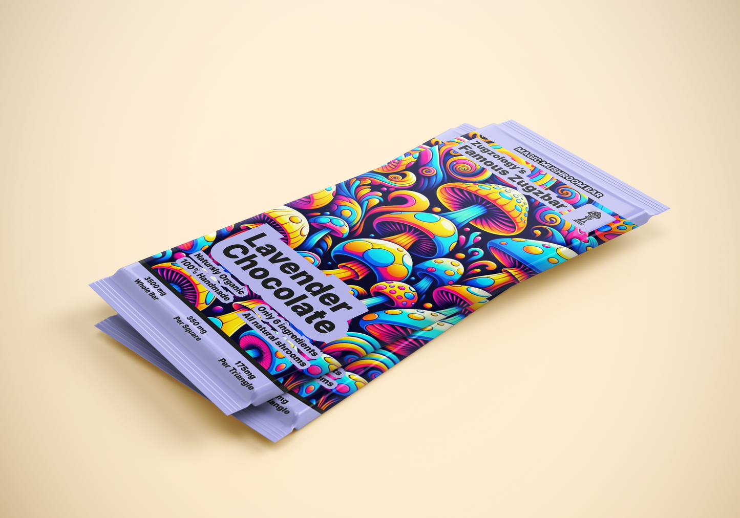 A vibrant wrapper on a light background displays psychedelic mushroom patterns, with the text 3500mg Homemade Lavender Chocolate Zugzbar promising an euphoric experience. Crafted by Zugzology, this packaging fuses bright colors in a bold, whimsical design featuring lavender buds and chocolate chunks.