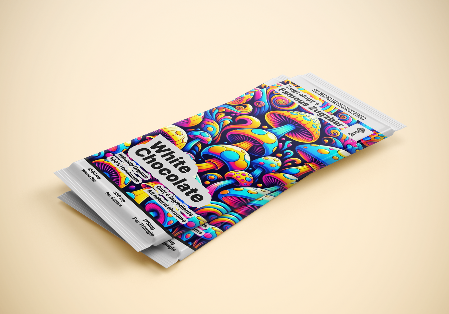 The 3500mg Homemade White Chocolate Zugzbar by Zugzology features a colorful psychedelic mushroom design, inviting you on a euphoric journey. The vegan and gluten-free label is prominently displayed, set against a light cream background.