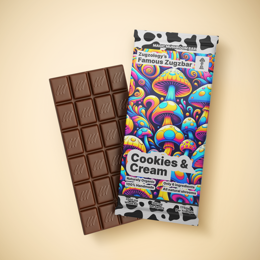 The vivid chocolate Zugzbar package features psychedelic mushrooms and a cow print, labeled Magic Mushroom Bar and Zugology’s Famous Zugzbar. The organic, handmade 3500mg Homemade Cookies & Cream flavor is highlighted as the segmented bar enticingly peeks out.