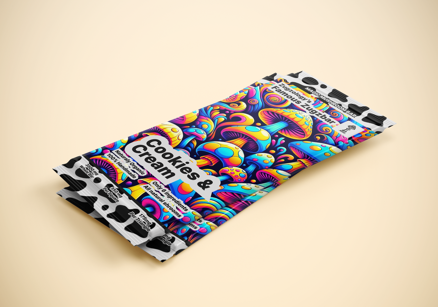 The 3500mg Homemade Cookies & Cream Zugzbar by Zugzology features a vibrant wrapper adorned with a psychedelic mushroom design in neon hues. Bold text states Cookies & Cream, with smaller text offering fair use and nutritional info, all set on a soft cream background.