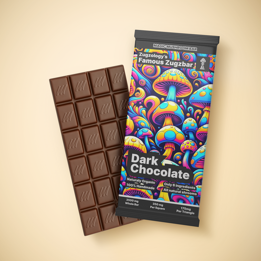 A partially unwrapped bar of homemade dark chocolate reveals vibrant illustrations of psychedelic mushrooms. The text says, Zugzology’s Famous Zugzbar! celebrating this transformative, organic treat with 3500 mg of a special ingredient.