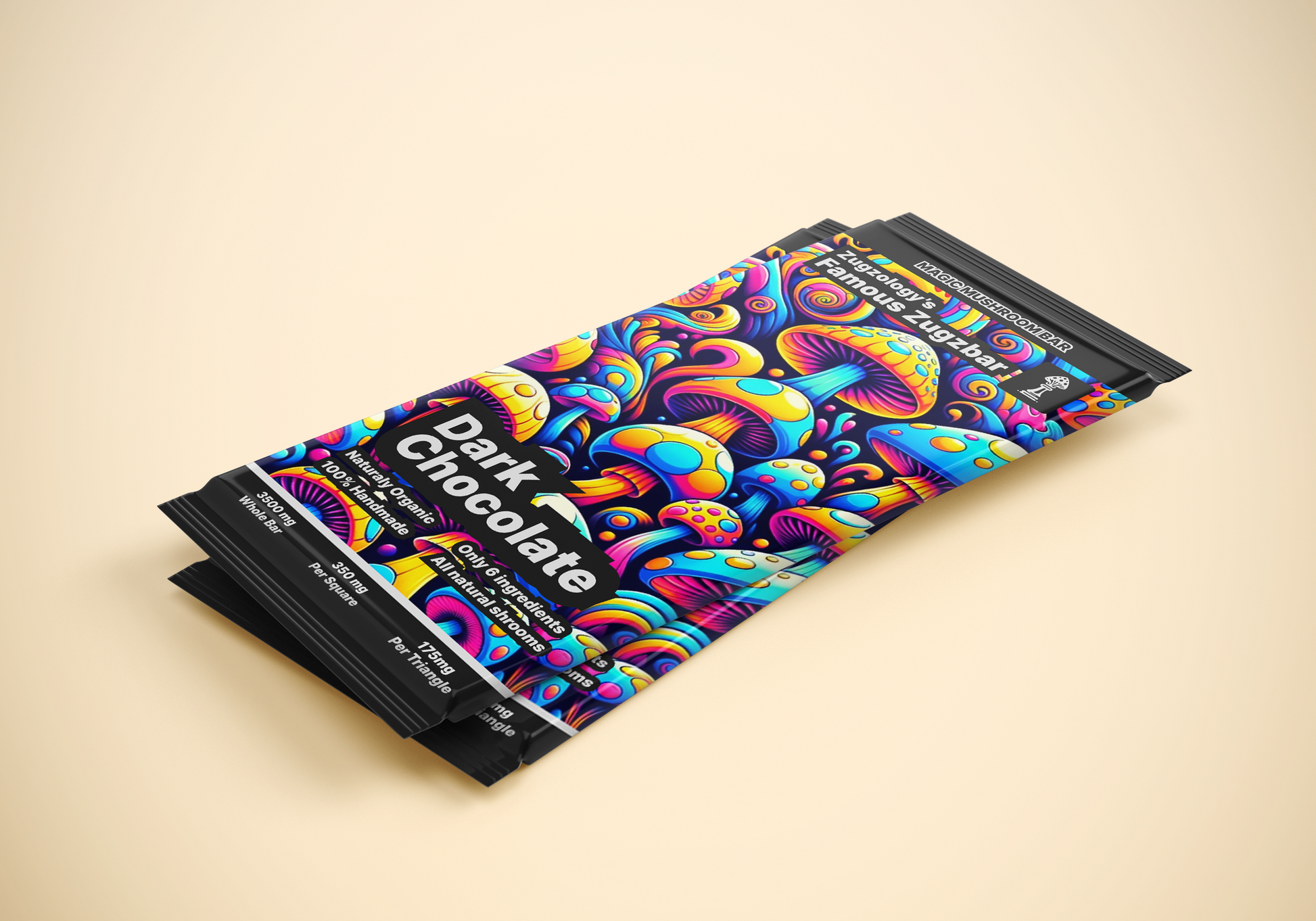 The image showcases a Zugzology Dark Chocolate Zugzbar package on a light beige surface. The wrapper displays a bold, psychedelic design with colorful magic mushrooms and swirling patterns. The text reads 3500mg Homemade Dark Chocolate, highlighting the eye-catching artwork.