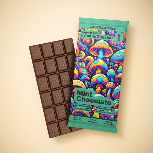 A partially unwrapped 3500mg Homemade Mint Chocolate Zugzbar by Zugzology features colorful, stylized mushrooms on its packaging. Its promoted as 100% handmade with natural, organic ingredients for an euphoric journey with magic mushrooms.