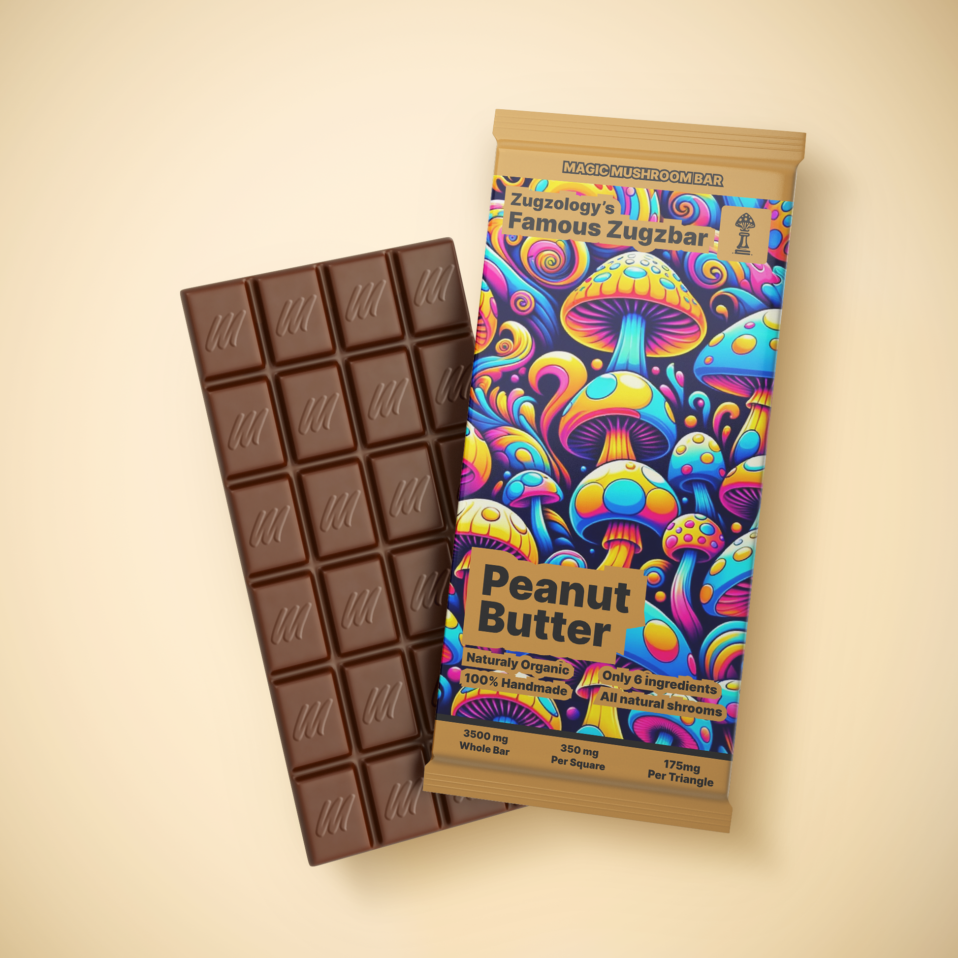The colorful wrapper of the 3500mg Homemade Peanut Butter Chocolate Zugzbar by Zugzology features vibrant, abstract mushrooms. This organic, handmade chocolate bar includes natural shrooms.