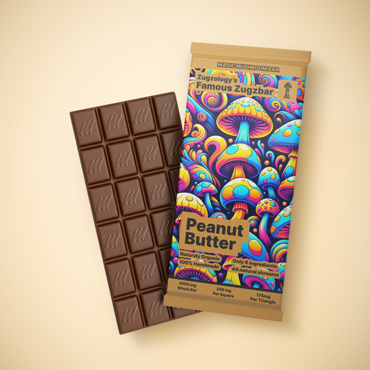 The colorful wrapper of the 3500mg Homemade Peanut Butter Chocolate Zugzbar by Zugzology features vibrant, abstract mushrooms. This organic, handmade chocolate bar includes natural shrooms.
