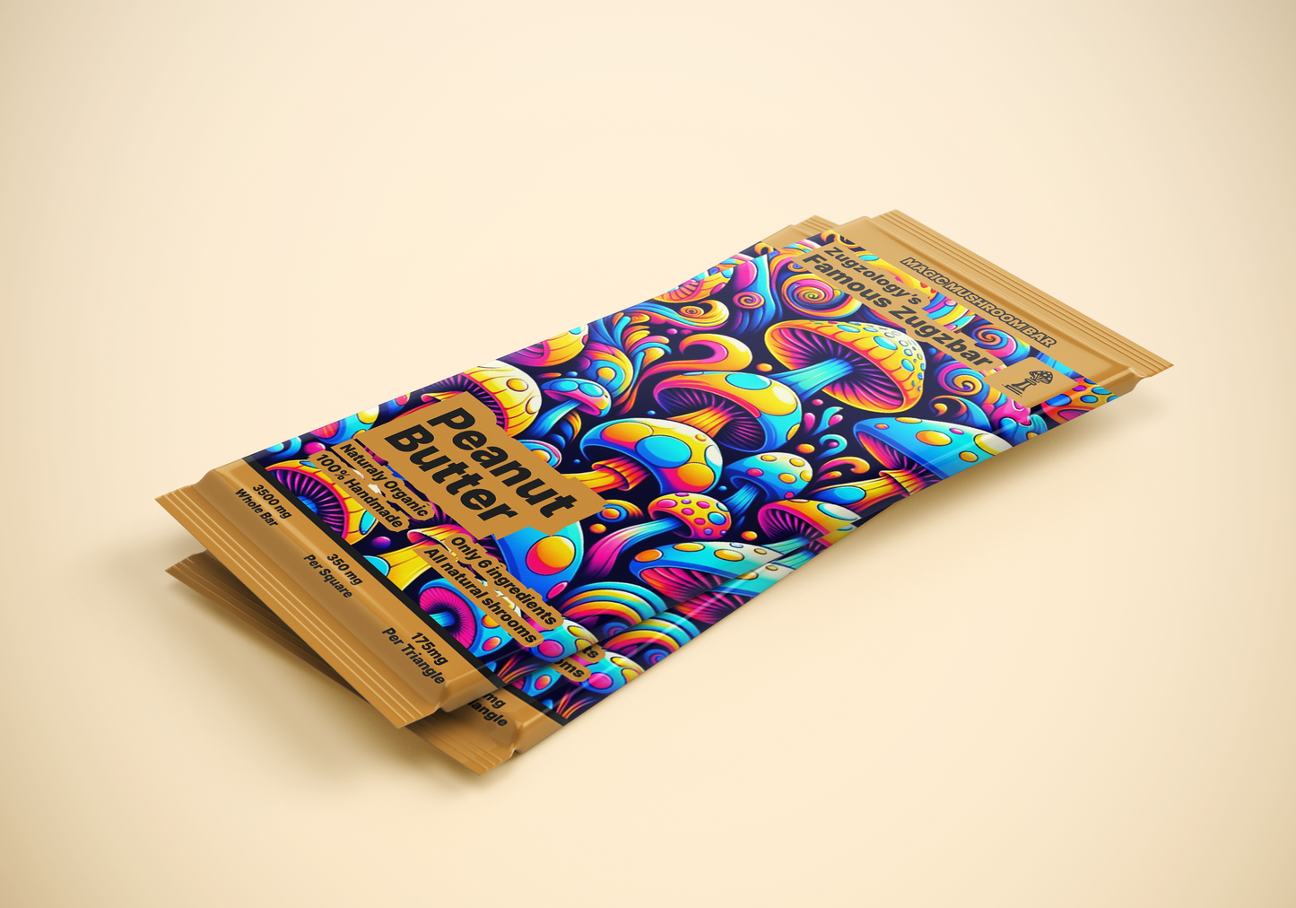 The Zugzology 3500mg Homemade Peanut Butter Chocolate Zugzbar packaging showcases a psychedelic design with colorful mushrooms, intricate patterns in bright blue, yellow, and pink on a rich purple background. The text Peanut Butter Chocolate stands out prominently on the front.