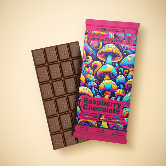 An unwrapped chocolate bar reveals a patterned surface, hinting at its rich raspberry flavor. The wrapper reads Zugzologys 3500mg Homemade Raspberry Chocolate Zugzbar, showcasing magic mushrooms with organic infusion.