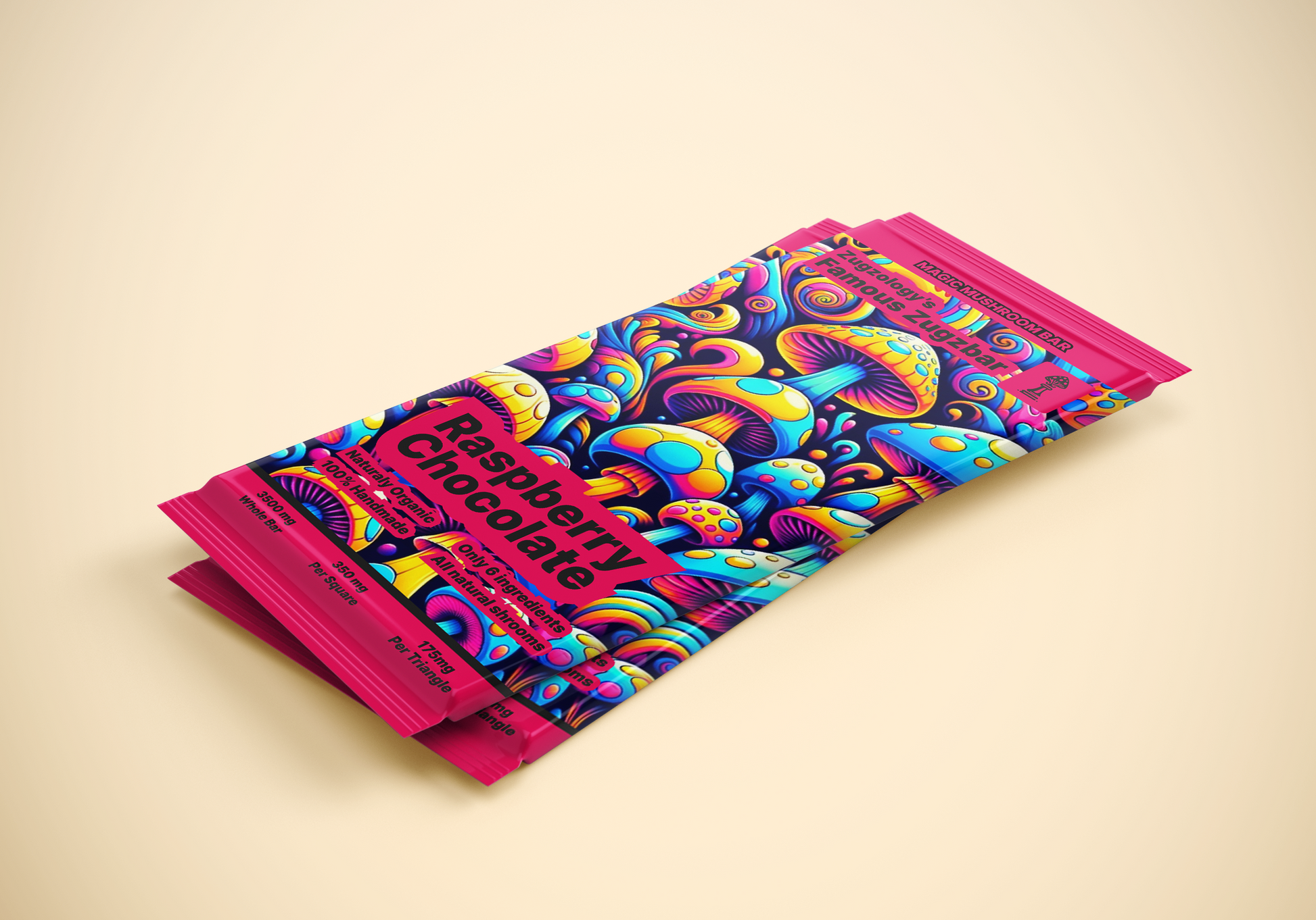 A vibrant wrapper showcases psychedelic abstract patterns with swirls in blue, yellow, and pink hues. The label reads 3500mg Homemade Raspberry Chocolate Zugzbar beneath Zugzology. The bar rests against a warm, gradient background.