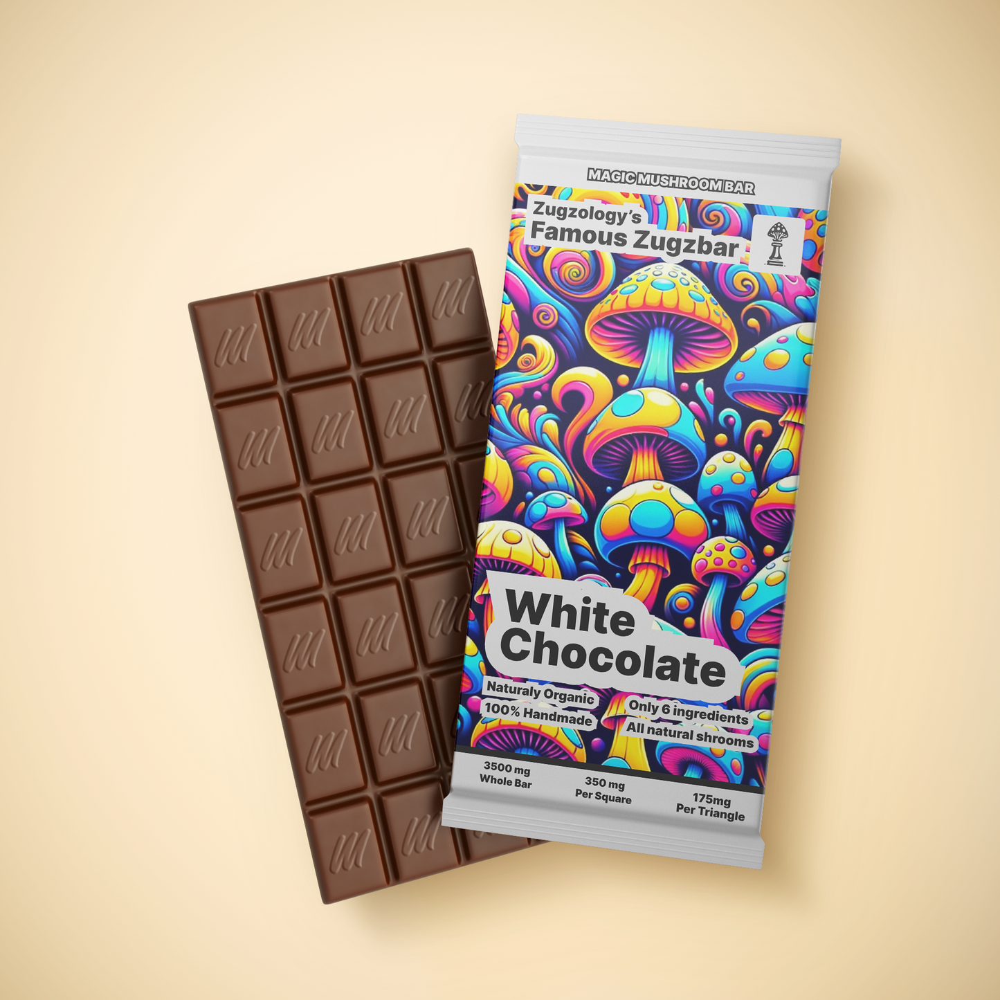 The image displays Zugzologys 3500mg Homemade White Chocolate Zugzbar, with vibrant psychedelic mushroom illustrations in blue, orange, and yellow hues on the colorful packaging. Its labeled to emphasize its organic ingredients and mushroom content, inviting you on an euphoric journey.